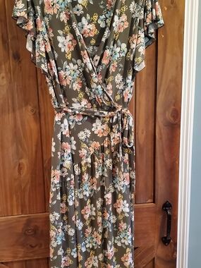 Cato Olive Floral Wrap Dress with Pastel Blooms